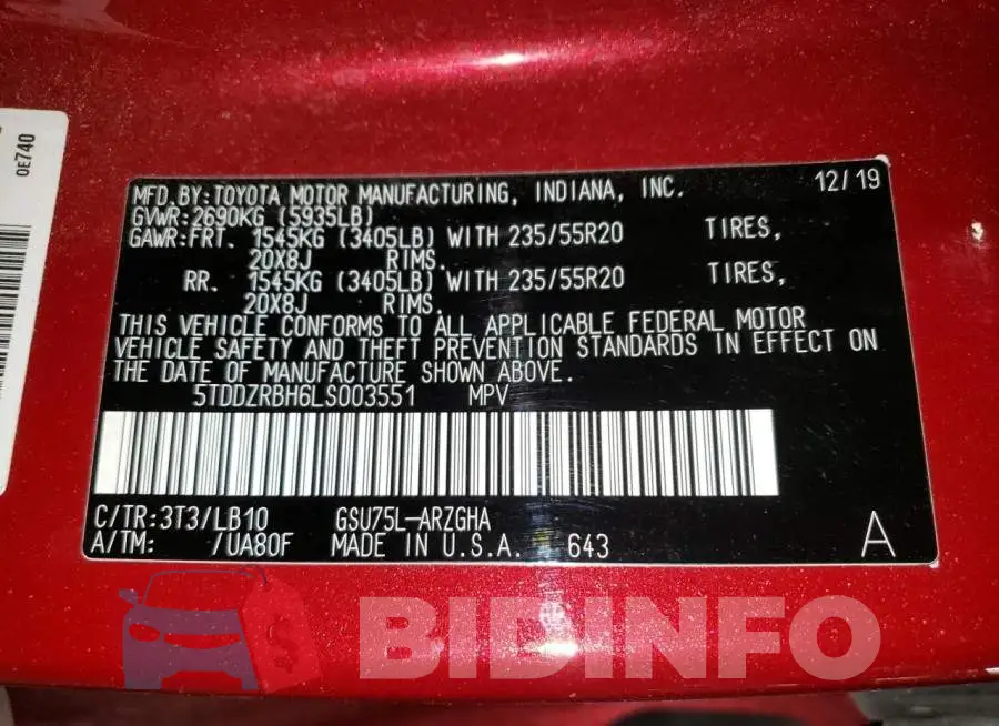 5TDDZRBH6LS003551 Photo# 12