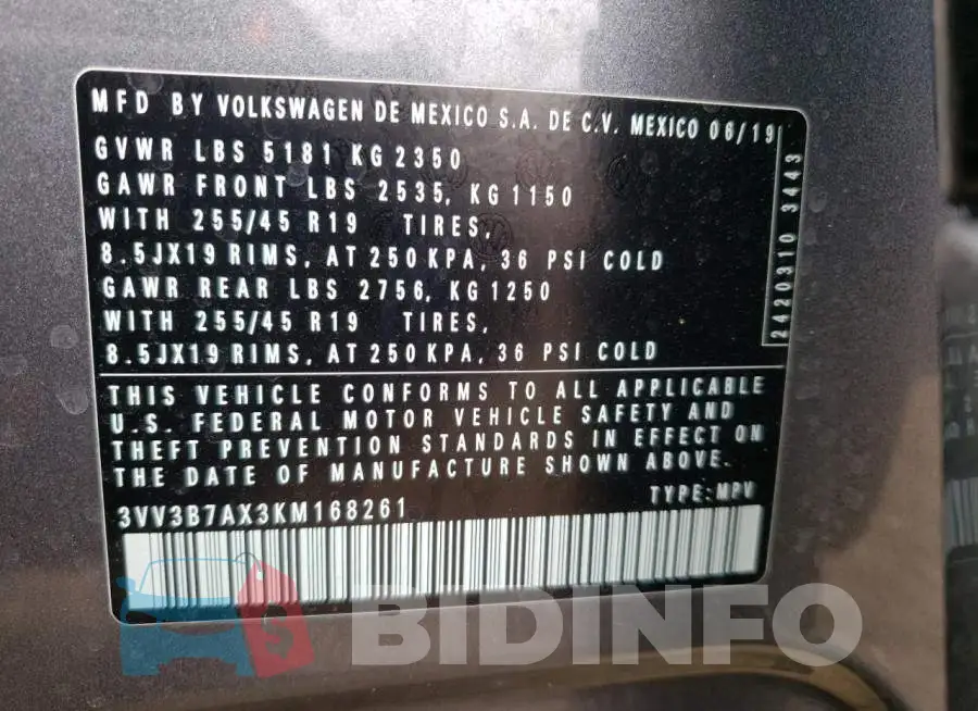 3VV3B7AX3KM168261 Photo# 13