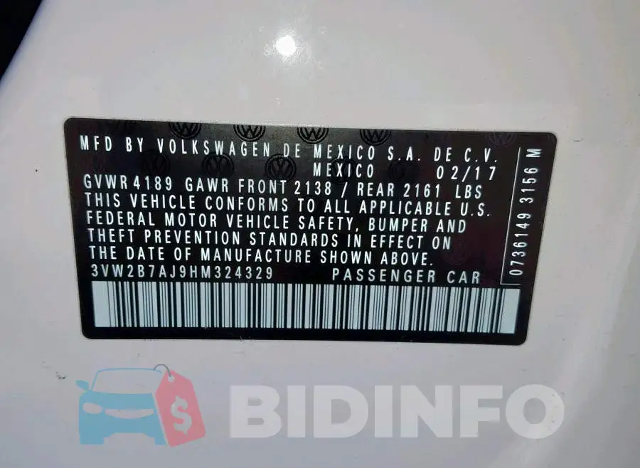 3VW2B7AJ9HM324329 Photo# 10