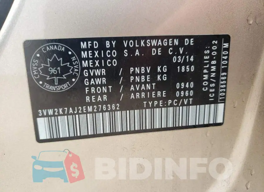 3VW2K7AJ2EM276362 Photo# 13