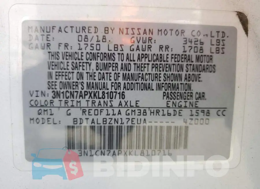 3N1CN7APXKL810716 Photo# 13