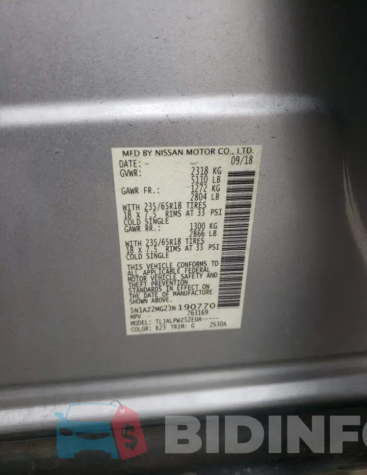 5N1AZ2MG2JN190770 Photo# 12