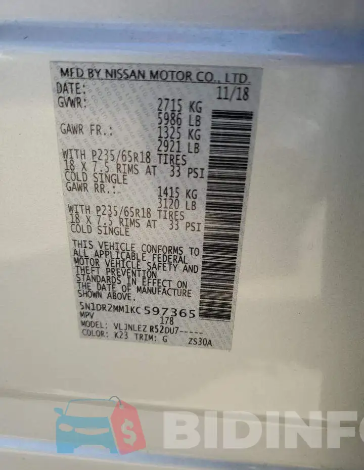 5N1DR2MM1KC597365 Photo# 13