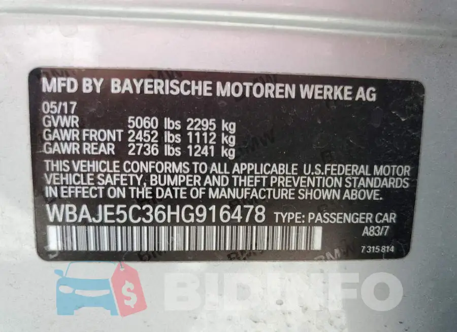 WBAJE5C36HG916478 Photo# 12