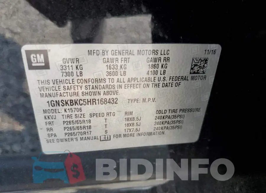 1GNSKBKC5HR168432 Photo# 13