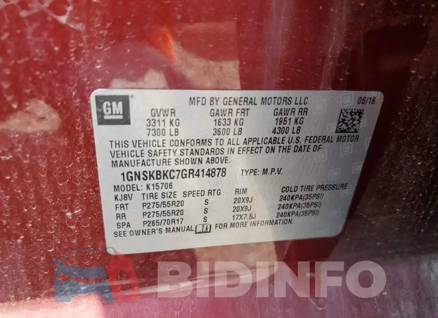 1GNSKBKC7GR414878 Photo# 14