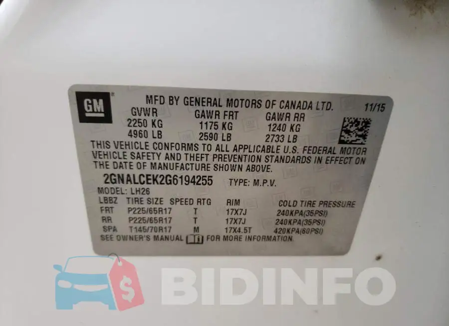 2GNALCEK2G6194255 Photo# 12