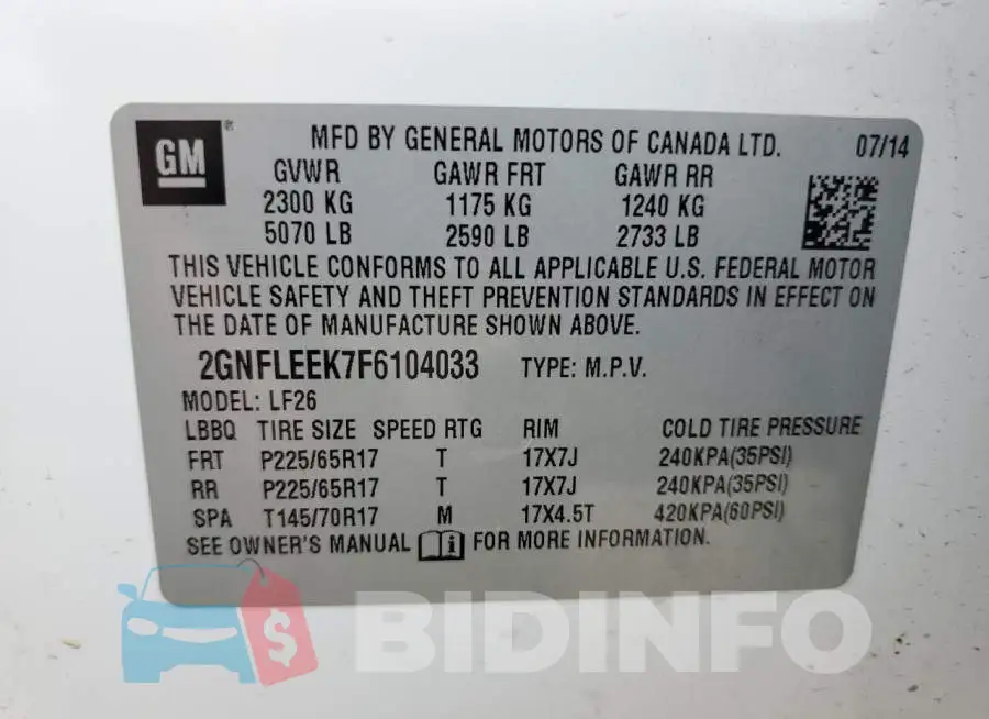 2GNFLEEK7F6104033 Photo# 13