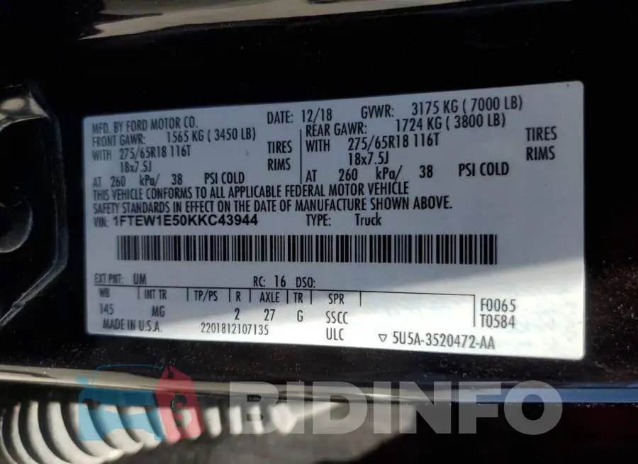 1FTEW1E50KKC43944 Photo# 12