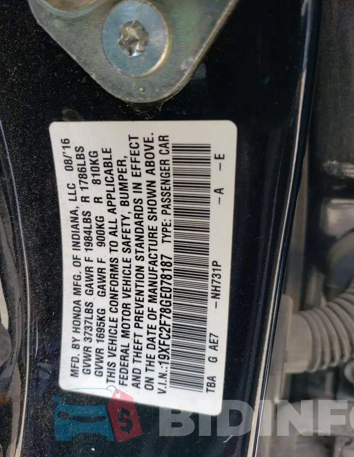 19XFC2F78GE078187 Photo# 12