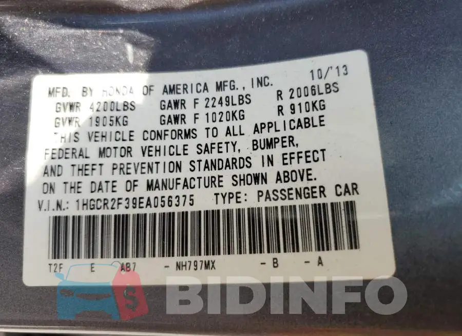 1HGCR2F39EA056375 Photo# 12