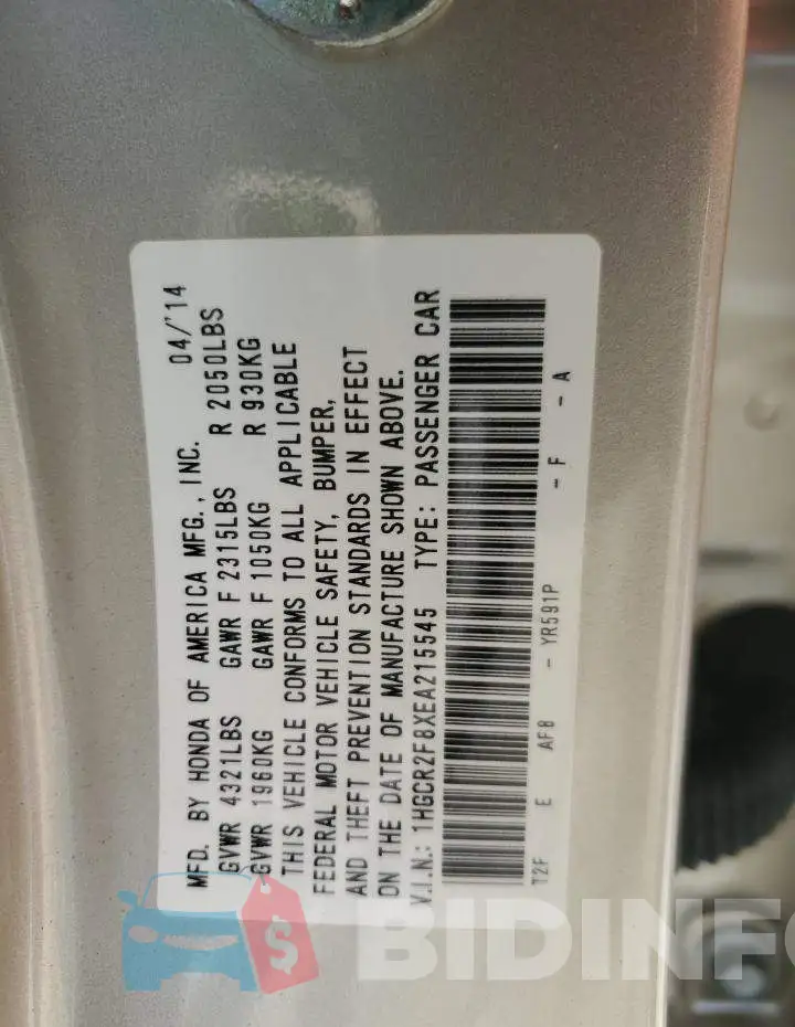 1HGCR2F8XEA215545 Photo# 12