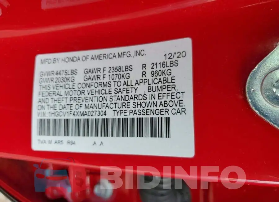 1HGCV1F4XMA027304 Photo# 13