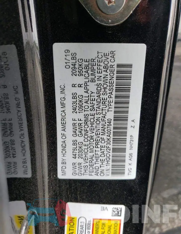 1HGCV2F30KA007640 Photo# 12