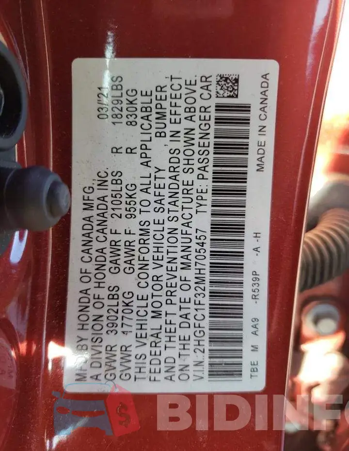 2HGFC1F32MH705457 Photo# 13