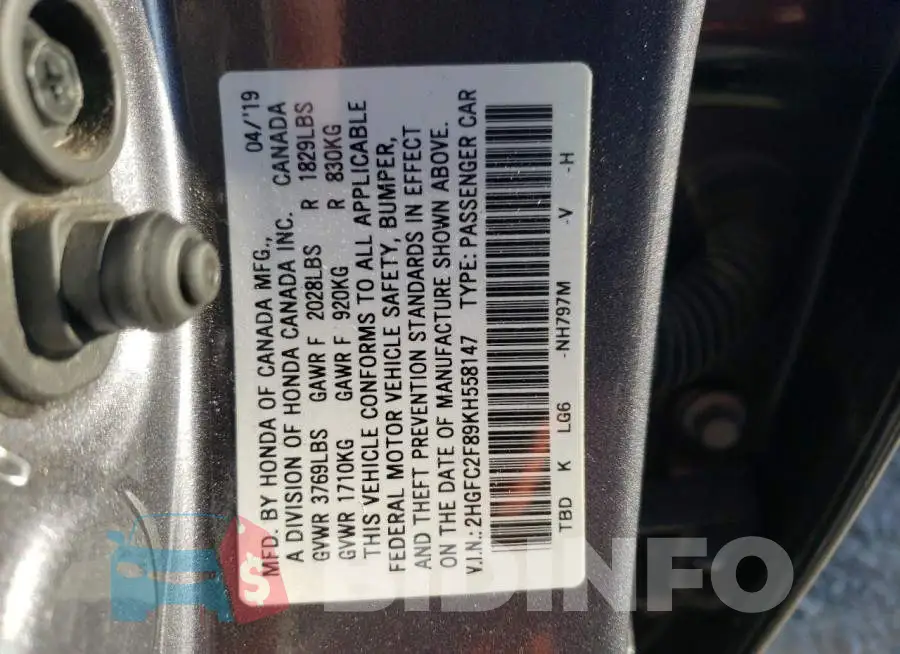 2HGFC2F89KH558147 Photo# 12