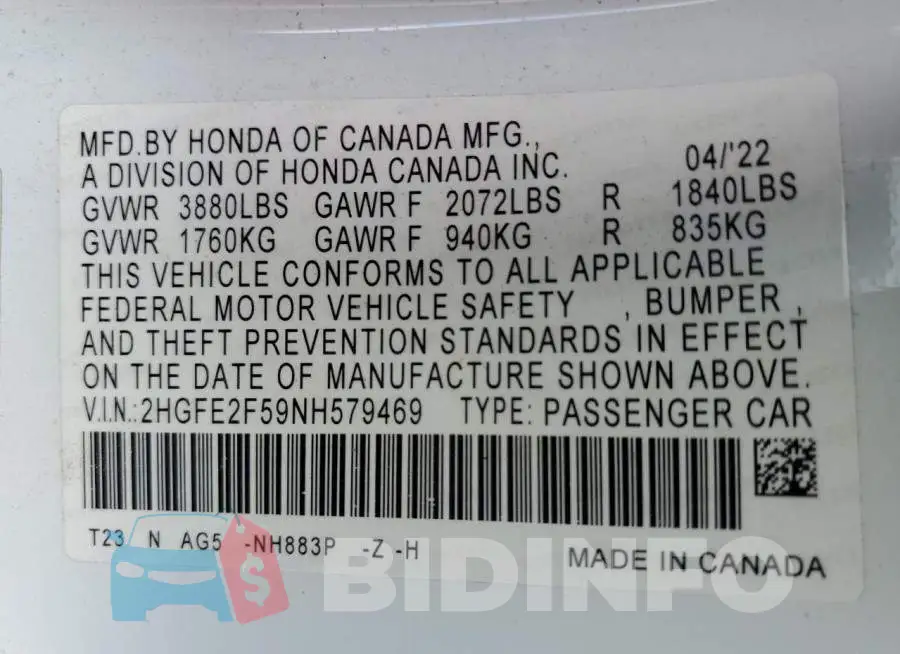 2HGFE2F59NH579469 Photo# 12