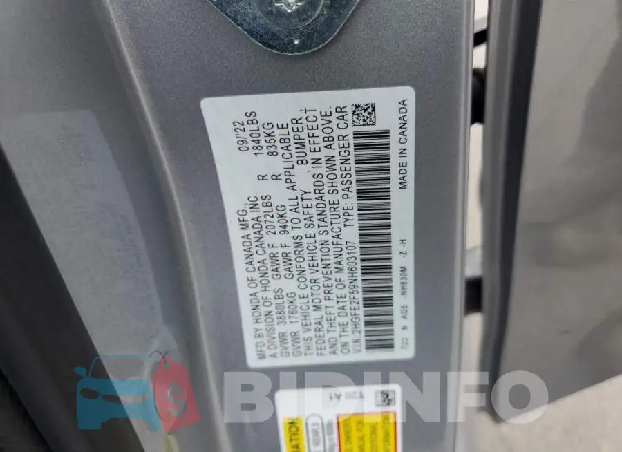 2HGFE2F59NH603107 Photo# 13