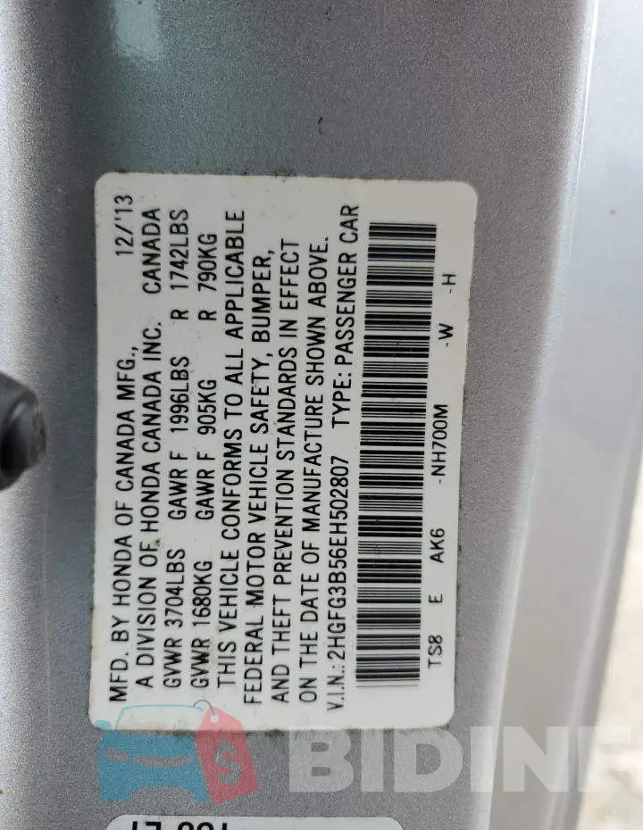 2HGFG3B56EH502807 Photo# 12