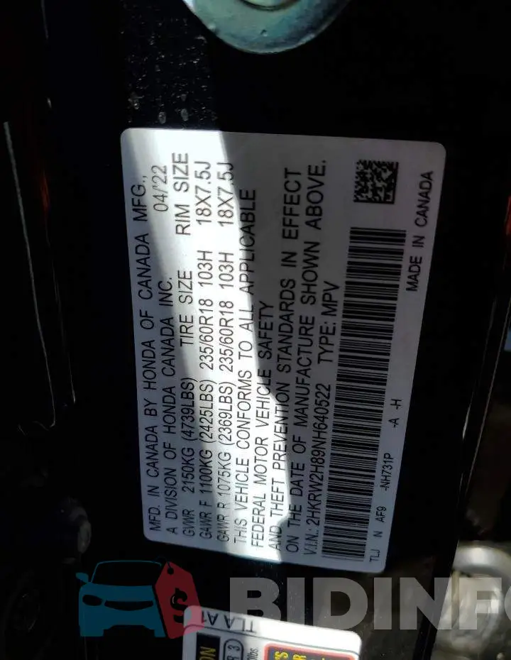 2HKRW2H89NH640522 Photo# 12