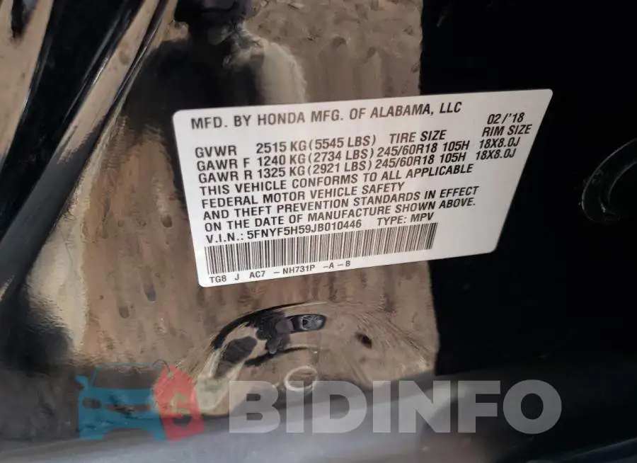 5FNYF5H59JB010446 Photo# 12