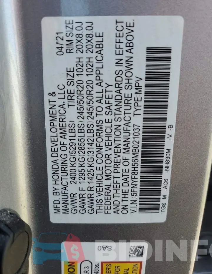 5FNYF8H56MB021037 Photo# 13
