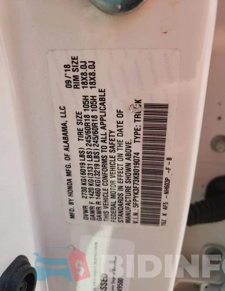 5FPYK3F73KB019074 Photo# 12