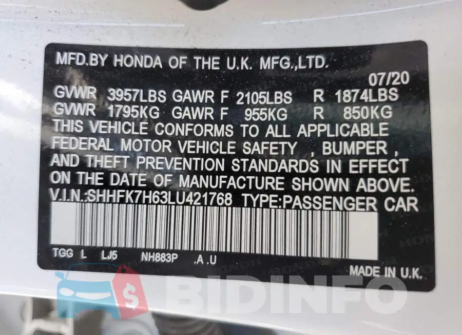 SHHFK7H63LU421768 Photo# 12