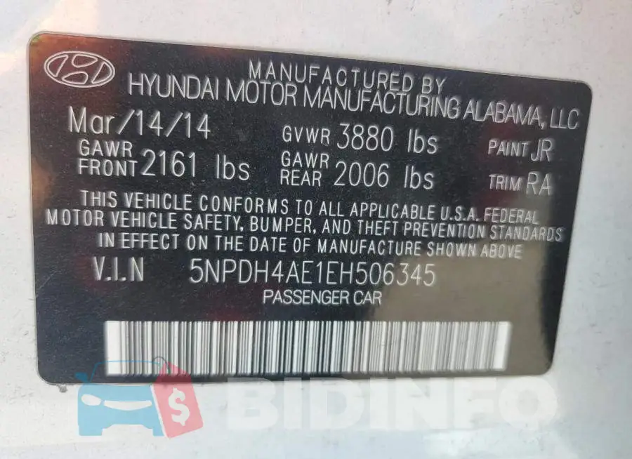 5NPDH4AE1EH506345 Photo# 12