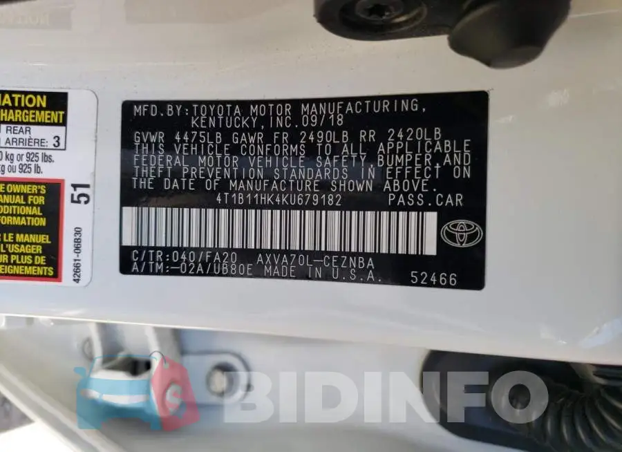 4T1B11HK4KU679182 Photo# 12