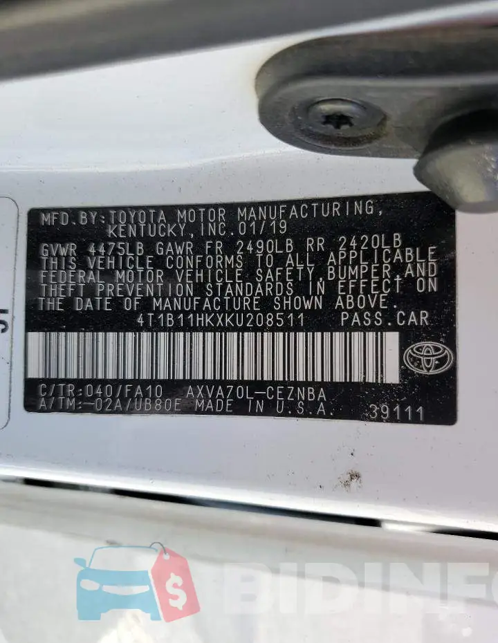 4T1B11HKXKU208511 Photo# 12