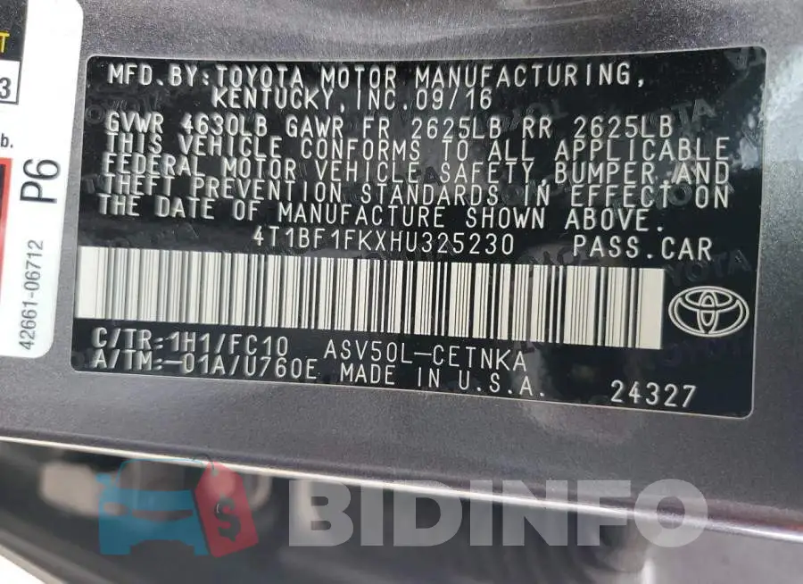 4T1BF1FKXHU325230 Photo# 12