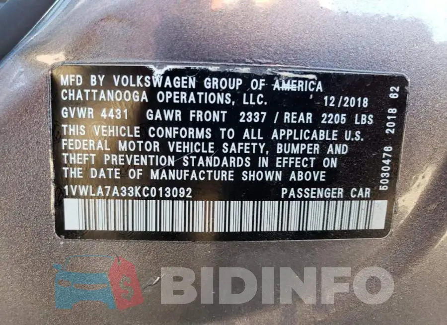 1VWLA7A33KC013092 Photo# 12