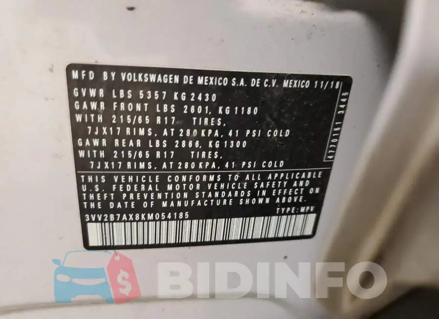 3VV2B7AX8KM054185 Photo# 12