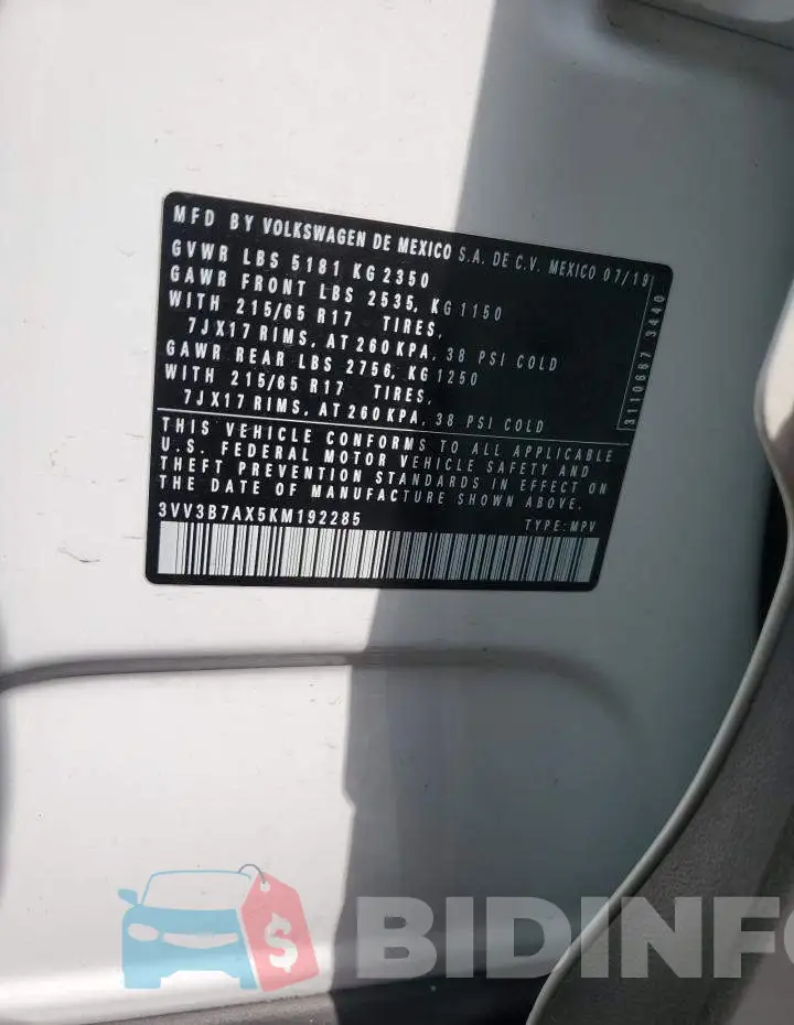 3VV3B7AX5KM192285 Photo# 12