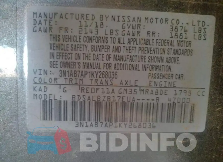 3N1AB7AP1KY268036 Photo# 12