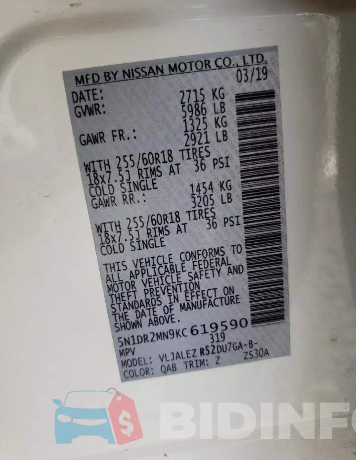 5N1DR2MN9KC619590 Photo# 13