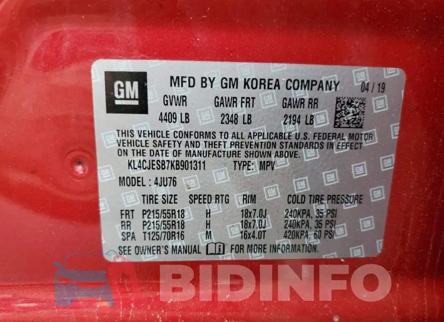 KL4CJESB7KB901311 Photo# 13