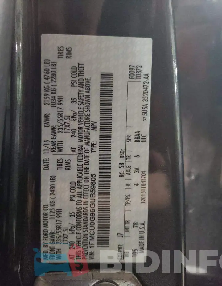 1FMCU0G96GUB59805 Photo# 14