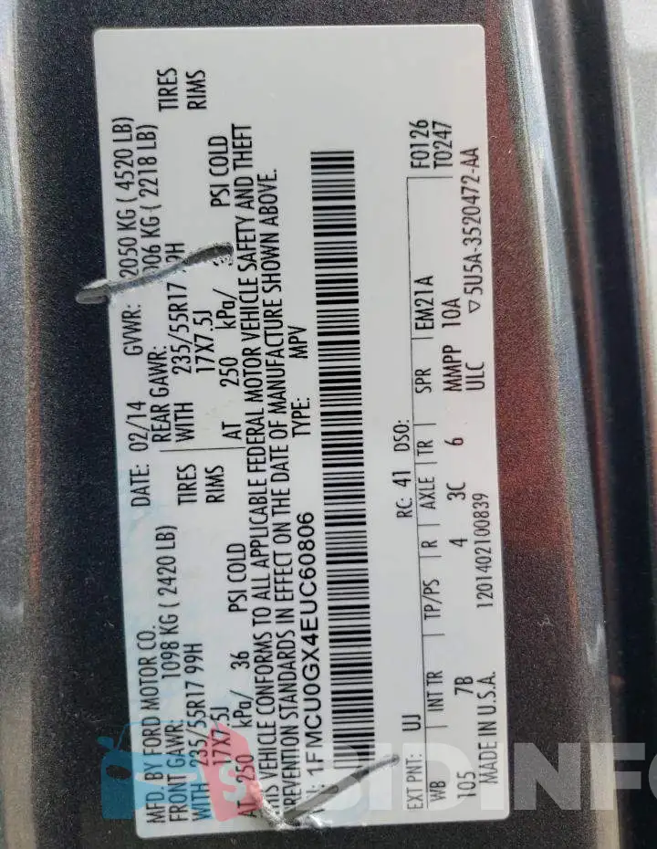 1FMCU0GX4EUC60806 Photo# 12