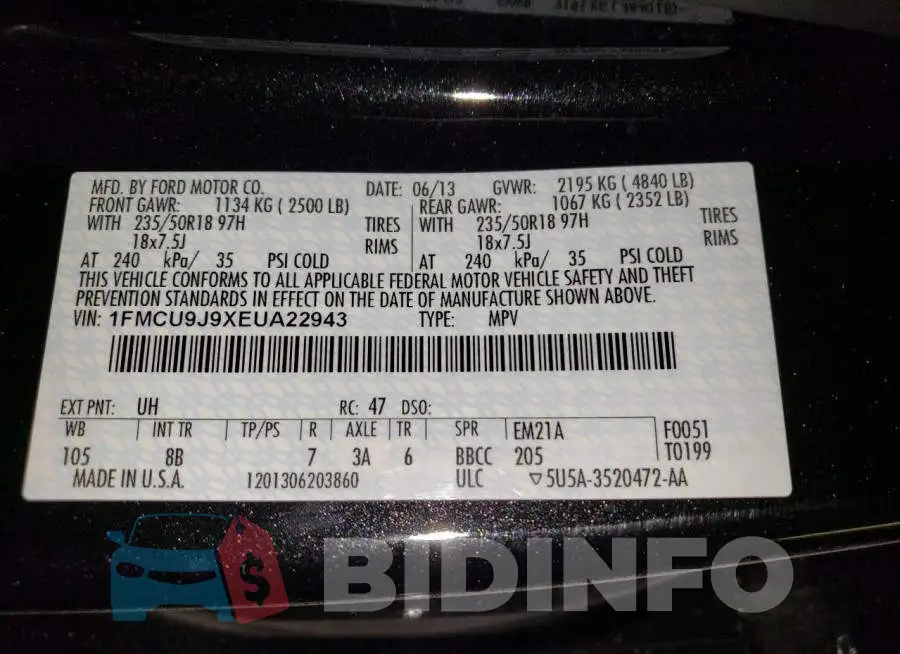 1FMCU9J9XEUA22943 Photo# 12