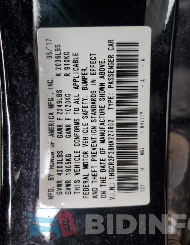 1HGCR2F38HA227802 Photo# 12