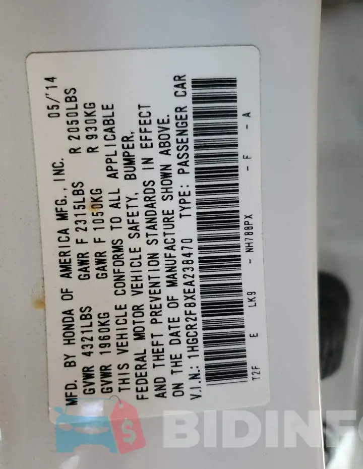 1HGCR2F8XEA238470 Photo# 13