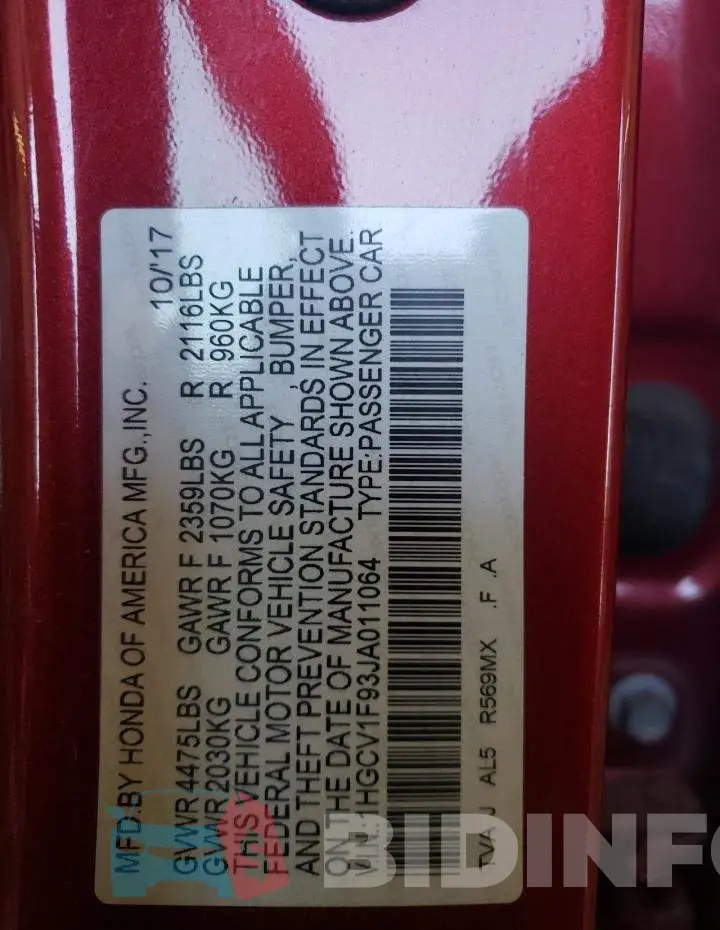 1HGCV1F93JA011064 Photo# 13