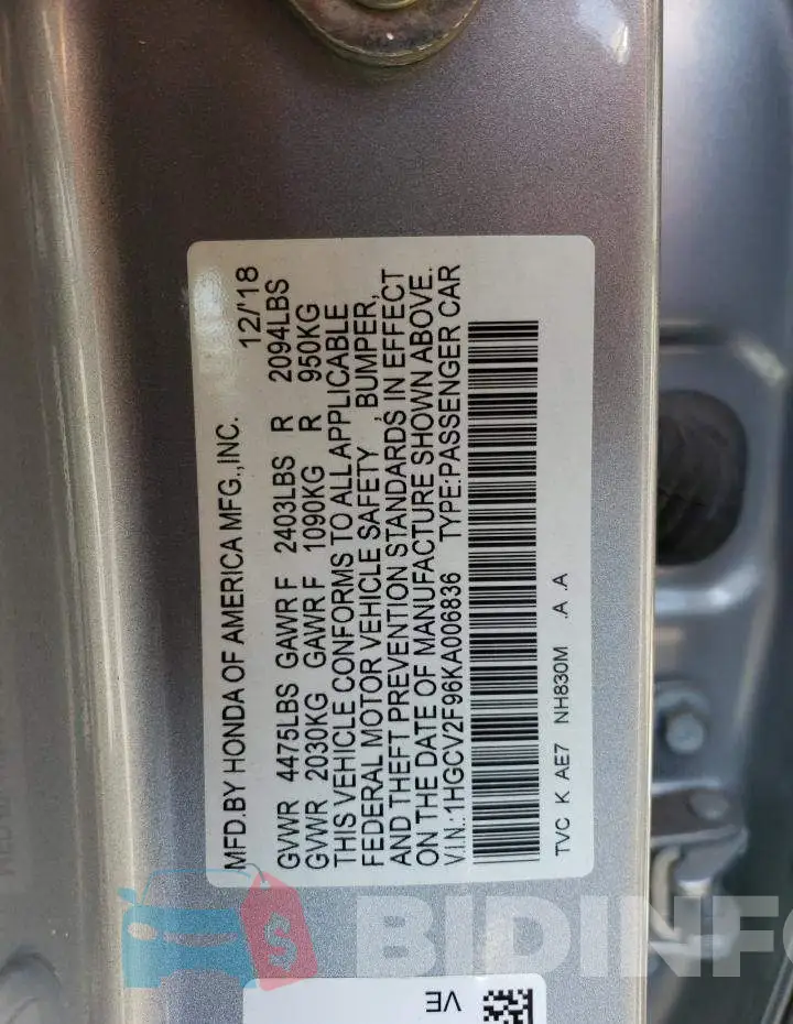 1HGCV2F96KA006836 Photo# 12