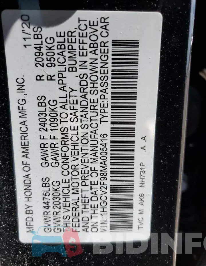 1HGCV2F98MA005416 Photo# 13