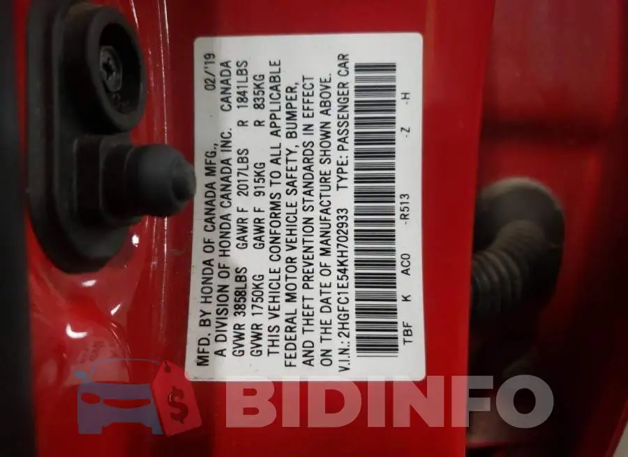 2HGFC1E54KH702933 Photo# 12
