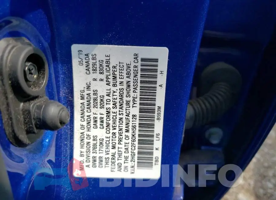 2HGFC2F60KH561128 Photo# 12