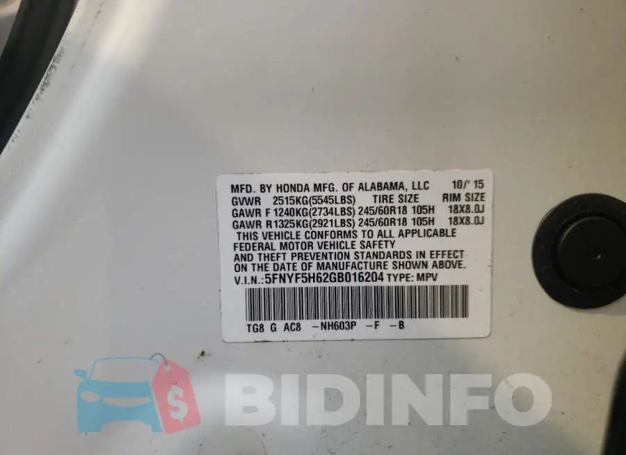 5FNYF5H62GB016204 Photo# 13