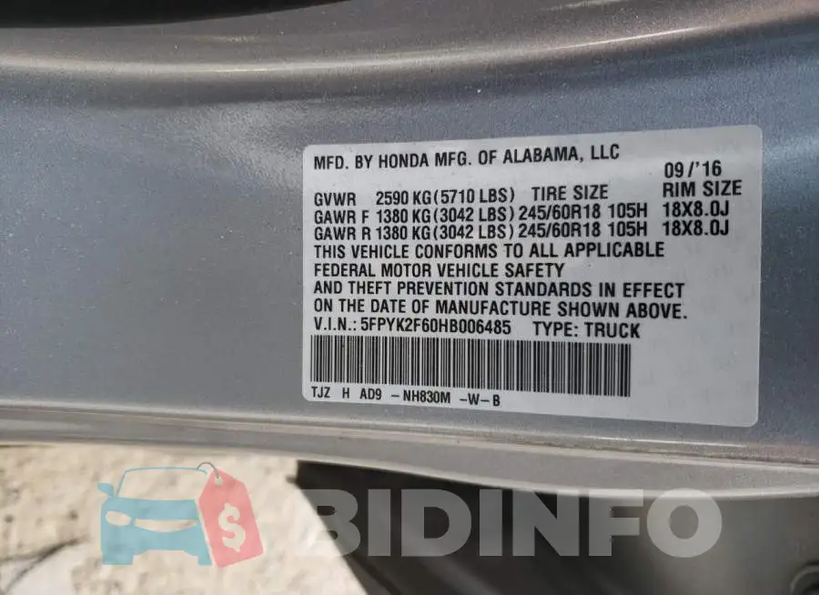 5FPYK2F60HB006485 Photo# 13
